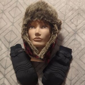 Faux Fur Buffalo Trapper Hat and Mittens Set -